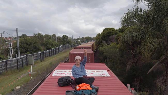 Sharron Hodge pictured atop the freight train on March 26 in Marrickville.