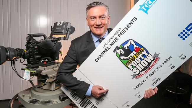 Footy Show host Eddie McGuire with a ticket for the Grand Final Footy Show 2019 at Rod Laver Arena. Picture: Tim Carrafa