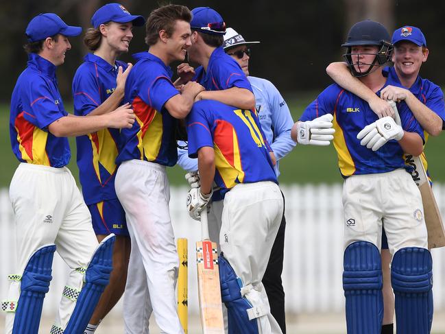 South East Sharks players including Blake Eklund (right) react after winning the Youth Premier League under 18 final between the North-West Wizards and South East Sharks at the Junction Oval in St. Kilda, Thursday, January 23, 2020. (Photo/Julian Smith)