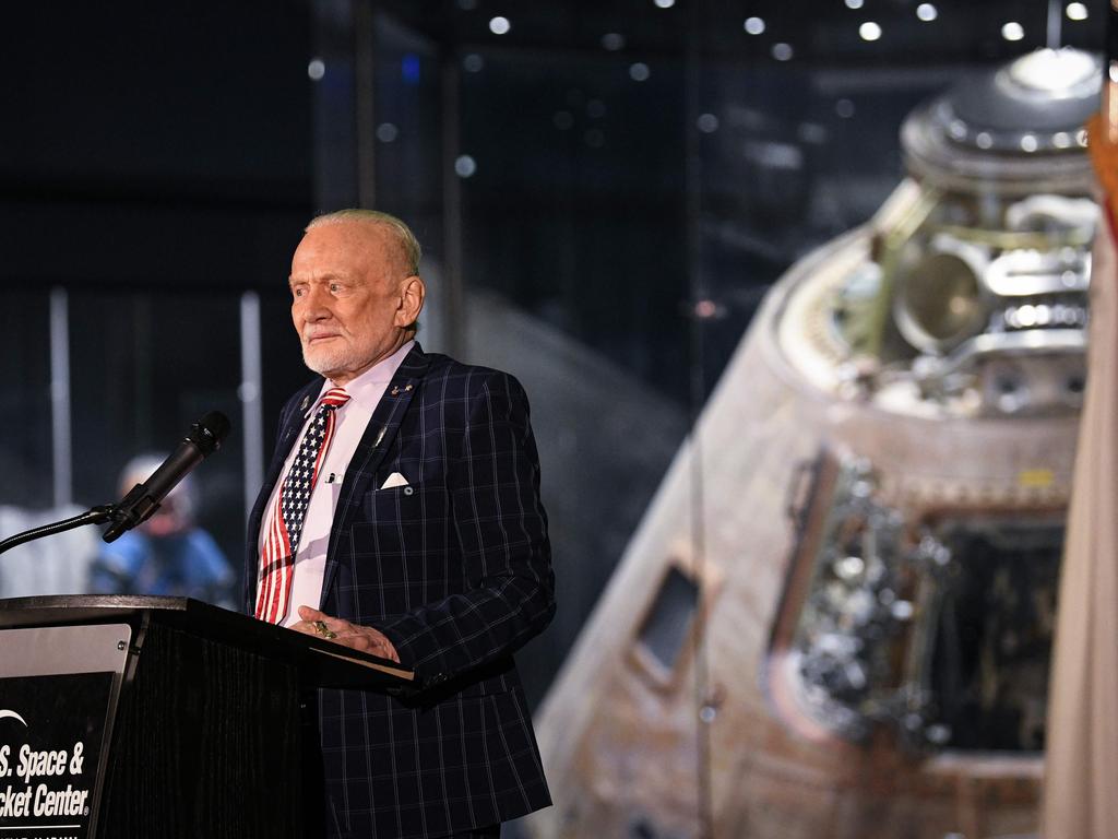 Former NASA astronaut Buzz Aldrin delivers a speech during an Apollo 11 anniversary celebration dinner. Picture: AFP