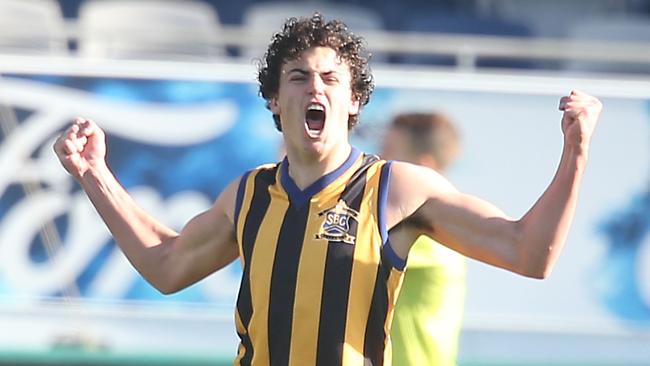 Jake Riccardi celebrates a goal during St Bernard’s Herald Sun Shield win. Picture: Glenn Ferguson.