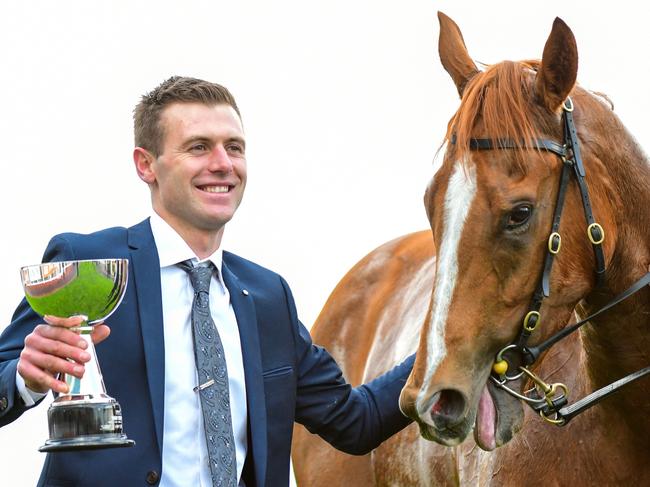 Trainer Clayton Douglas with Everest winner Giga Kick. Picture: Getty Images