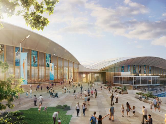 Artist impressions of the National Aquatics Centre proposed for the Brisbane 2032 Olympic Games. Credit: Archipelago Architects.