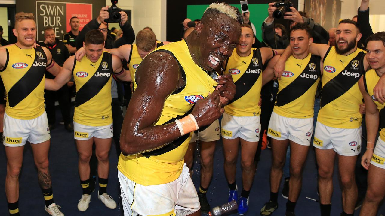 Mabior Chol gets a Gatorade shower after Richmond’s win over St Kilda. Picture: Mark Stewart