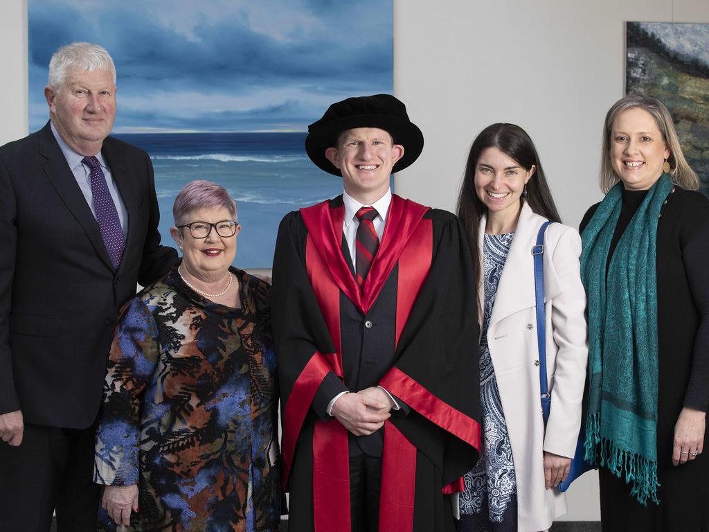 UTAS Graduation at the Hotel Grand Chancellor Hobart, Wayne Moore of Hobart, Susan Moore of Hobart, Myles Moore of Hobart, Gabbie Rogers- Smith of Shearwater and Fiona North of Hobart. Picture: Chris Kidd