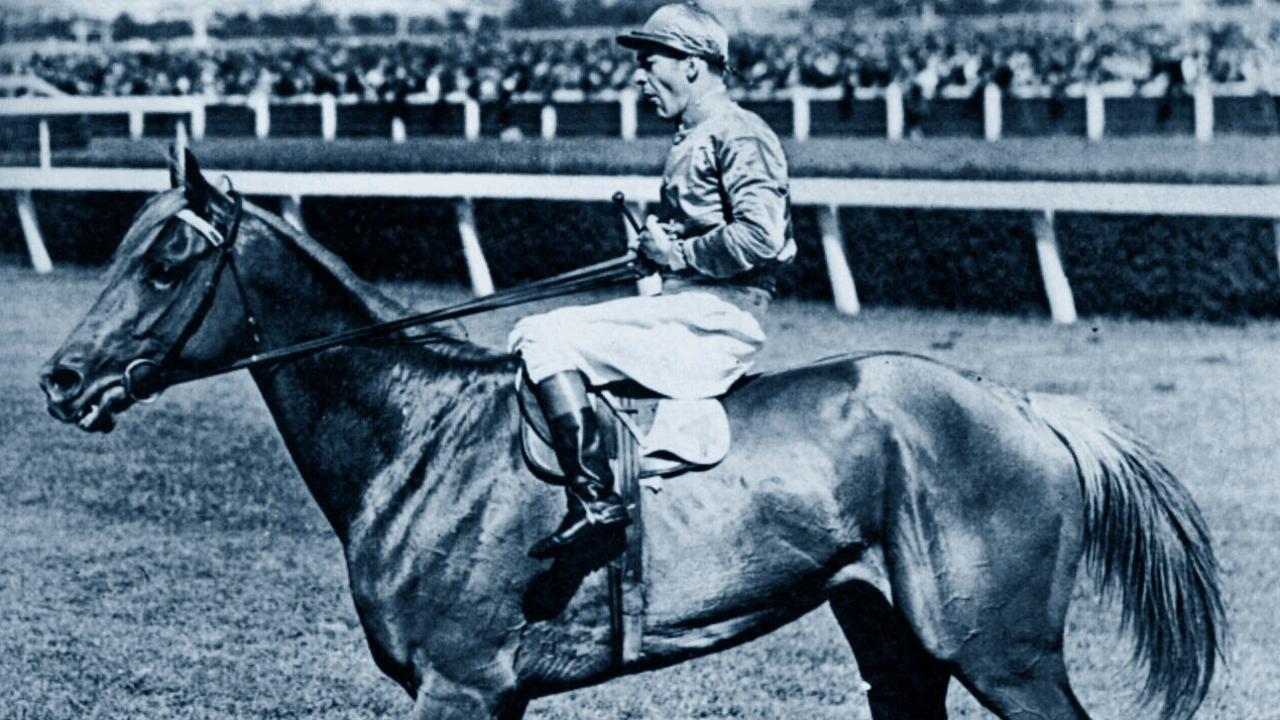 Racehorse Peter Pan, winner of 1932 Melbourne Cup ridden by jockey W Duncan, and again winning 1934 cup ridden by Darby Munro, seen during a race meeting in undated photo.