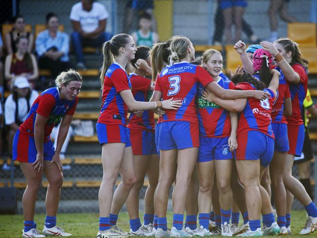 Knights players celebrate a try. Picture: Warren Gannon Photography