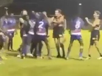 A melee broke out between Katherine Camels and Ngukurr Bulldogs players in the final round of the Big Rivers Football League. Picture: Supplied.