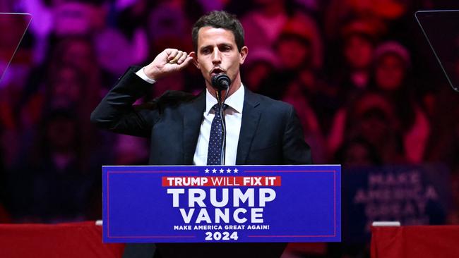 US comedian Tony Hinchcliffe speaks during a campaign rally for Donald Trump at Madison Square Garden. Picture: AFP