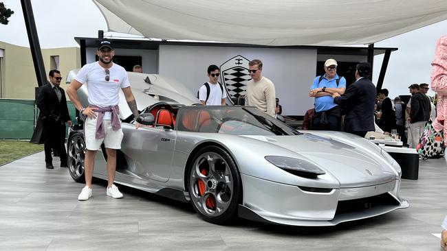 Aussie entrepreneur Adrian Portelli with his new Koenigsegg CC850 at Monterey, California. Picture: Supplied