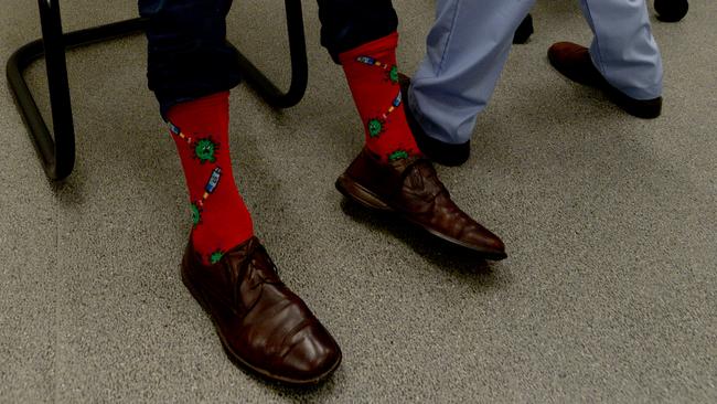 Prof Murphy’s socks stole the show at the Carrum Downs Respiratory Clinic. Picture: Andrew Henshaw