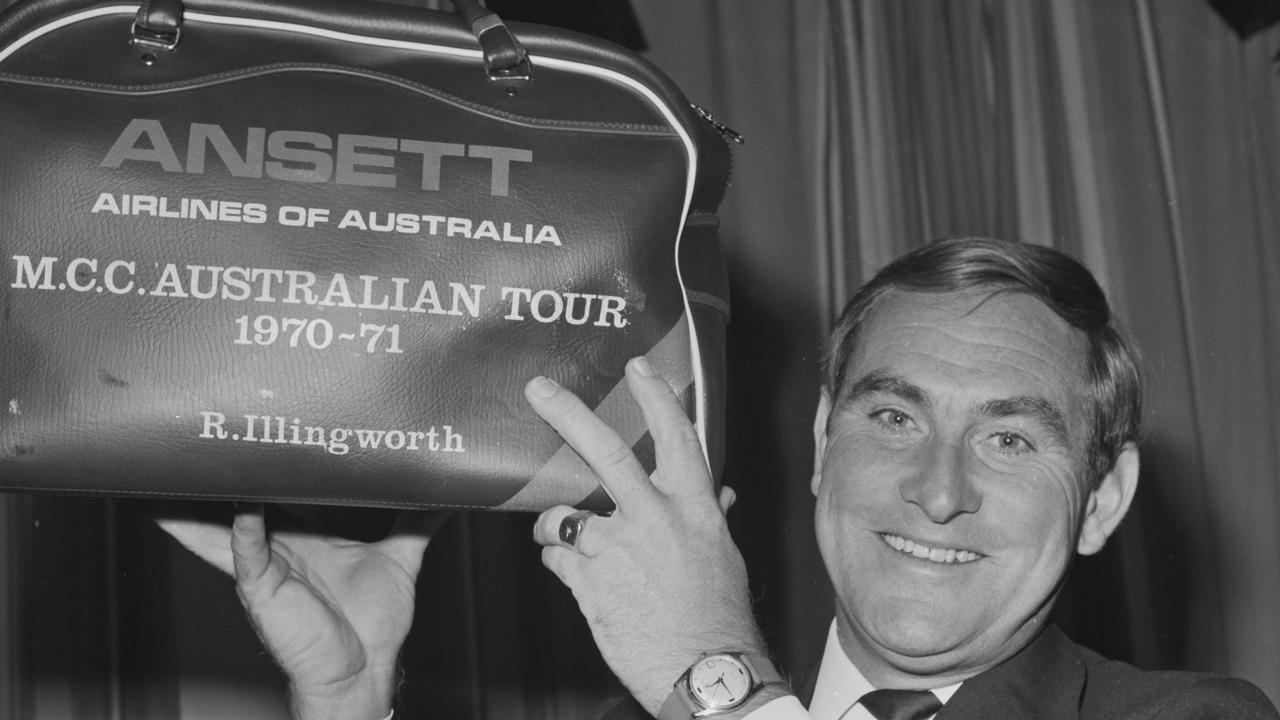 Ray Illingworth holds up a sports bag following his return from a successful tour of Australia in 1970-71.