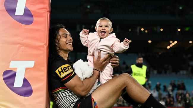 Experienced dad Jarome Luai with Halo’s sister, Akira. Picture: Grant Trouville