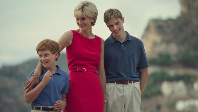 Elizabeth Debicki as Princess Diana with Harry and William in season 6 of The Crown. Picture: Daniel Escale/Netflix