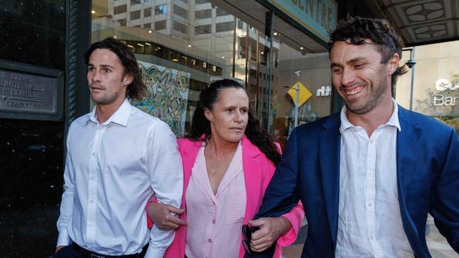 SYDNEY, AUSTRALIA - NewsWire Photos May 9, 2023: Julie Hynes the mother of footballer, Nicho Hynes, has been released from prison after being convicted over her involvement in a heroin ring. She walked out of Downing centre courts with her sons this afternoon. Picture: NCA NewsWire / David Swift