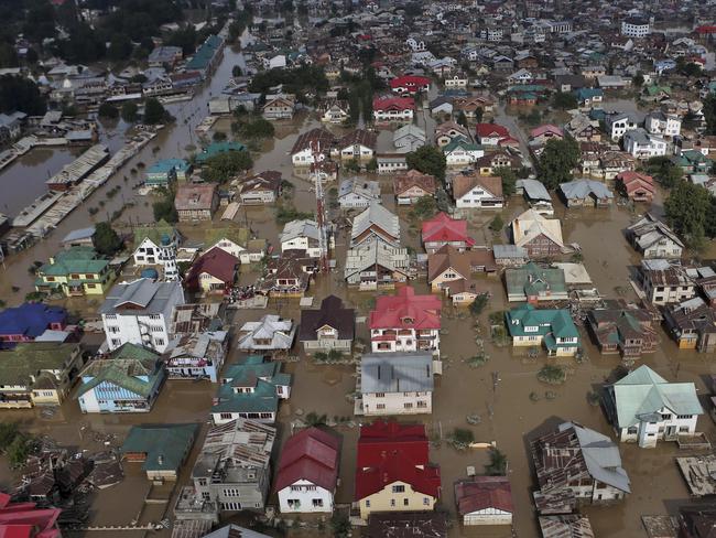 An aerial view of submerged homes and shops in Srinagar.