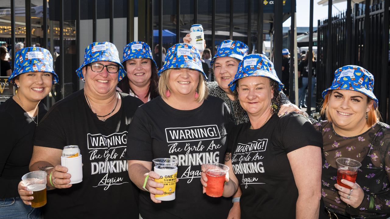 Showing off their shirts made for Brewoomba 2023 are (from left) Georgia Beddows, Sheree Berlin, Lisa Horvatic, Jenn Kuhn, Sherril Blain, Ruth Shepherdson and Jess Parsons at Fitzy's, Saturday, August 5, 2023. Picture: Kevin Farmer