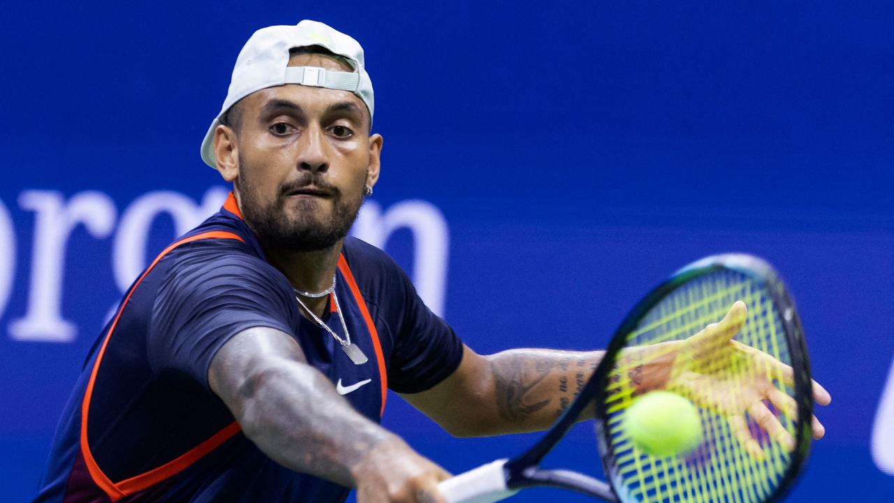 Australia’s Nick Kyrgios is in action. (Photo by COREY SIPKIN / AFP)