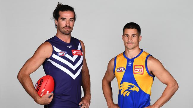 Alex Pearce of the Dockers and Liam Duggan of the Eagles. Picture: Morgan Hancock