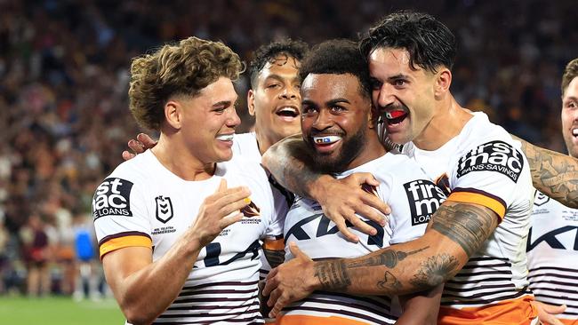 Ezra Mam scores during the 2023 NRL Grand Final between the Brisbane Broncos and the Penrith Panthers at Accor Stadium, Sydney Olympic Park. Pics Adam Head