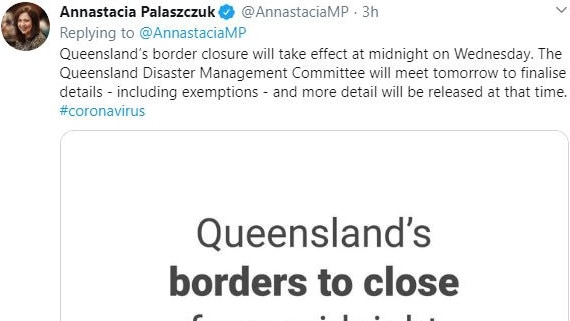 Queensland Premier Annastacia Palaszczuk announced on Twitter the closure of the Queensland Borders from midnight Wednesday Picture Twitter