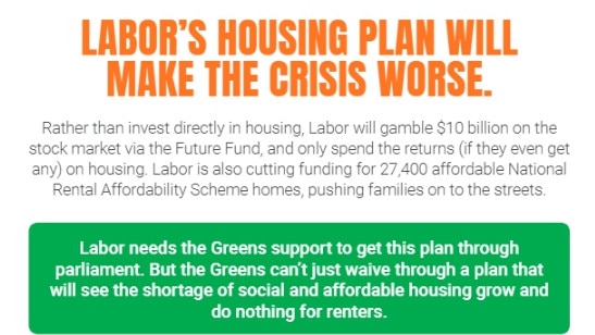 A flyer produced by the Greens to distribute as part of their nationwide door knocking blitz targeting Labor-held electorates.