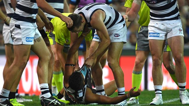 Joel Selwood remonstrates with Lindsay Thomas after the bump.