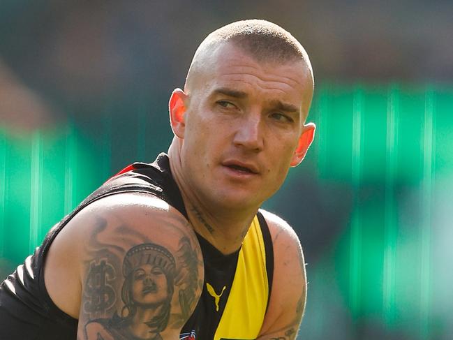 MELBOURNE, AUSTRALIA - MAY 05: Dustin Martin of the Tigers looks on during the 2024 AFL Round 08 match between the Richmond Tigers and the Fremantle Dockers at The Melbourne Cricket Ground on May 05, 2024 in Melbourne, Australia. (Photo by Michael Willson/AFL Photos via Getty Images)