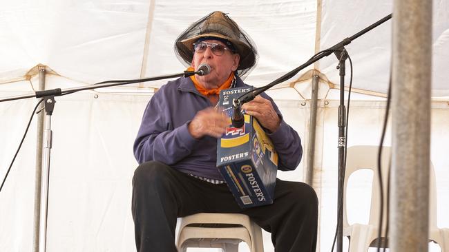 Egan’s songs are inspired by the sights and sounds of the bush, using an empty beer carton for his instrument. Picture: Barry Skipsey