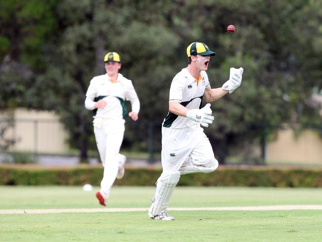 AIC First XI cricket match between home side Villanova College and St Laurence's College (batting).Photo of Dimitri Horton claiming the run out of Lochie Josefski.27 February 2021 Tingalpa Picture by Richard Gosling