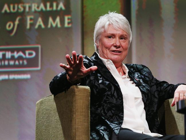 Raelene Boyle speaks on stage after being announced The Legend inductee at the Sport Australia Hall of Fame in 2017. Picture: Getty