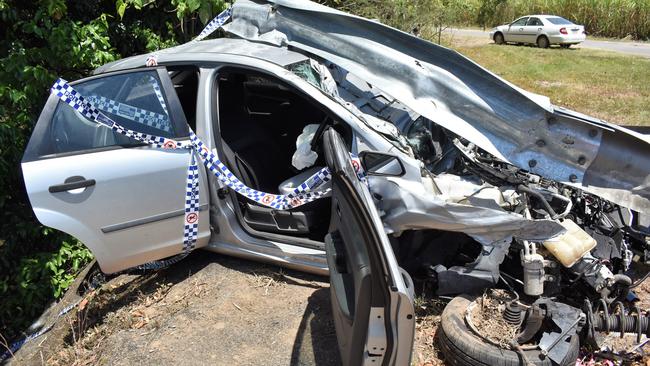 The driver of this car was lucky to leave with non-life-threatening injuries after a crash at a black spot on the Bruce Highway in Queensland. Picture: Cameron Bates