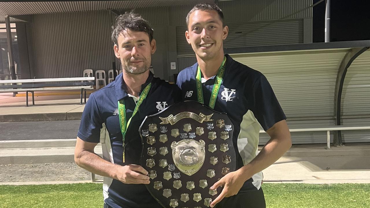 North Geelong teammates Dale Kerr and Bailey Sykes with the country championships shield. Picture: Supplied