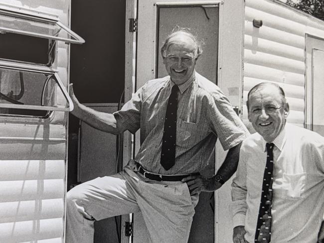 Deputy Prime Minister and Country Party Leader Doug Anthony with Tim Fisher at the "Prime Ministerial caravan" where Mr Anthony ran the country while on holiday at New Brighton.