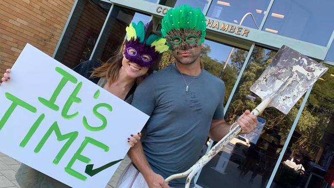 Sylvia Nantier and Joshua Mackenzie from Bellingen, protesting in support of the Cultural and Civic Space. Photo by Janine Watson