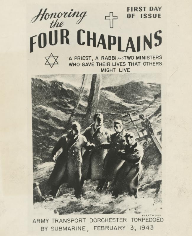 Newspaper artwork from 1948 of the first day of issue stamps depicting the sinking of SS Dorchester in 1943 and commemorating the four chaplains who gave their lives.