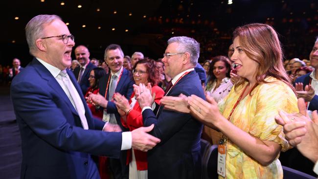 Anthony Albanese with Minister for Aged Care Anika Wells at the 49th ALP National Conference 2023 in Brisbane. Picture: Dan Peled / NCA NewsWire