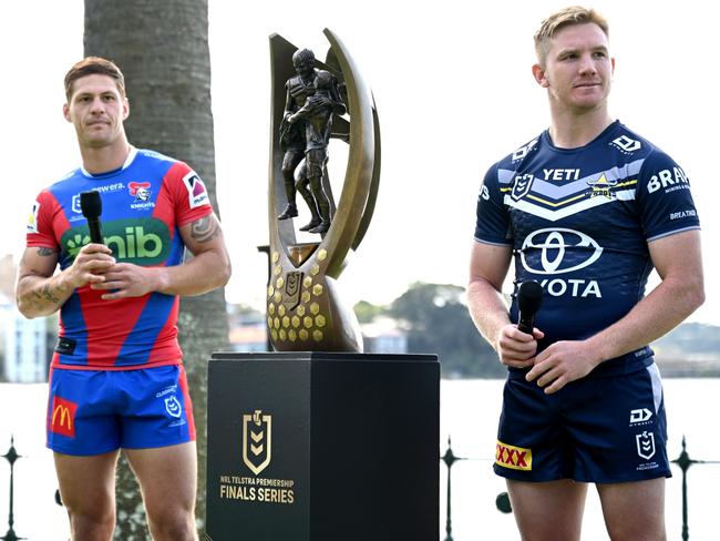 NRL-FINALS SERIES LAUNCH - SYDNEY, AUSTRALIA - SEPTEMBER 09: Kalyn Ponga of the Newcastle Knights and Tom Dearden of the North Queensland Cowboys poses during the 2024 NRL Telstra Premiership Finals Series Launch at Hickson ReservePicture: NRL Photos/Gregg Porteous