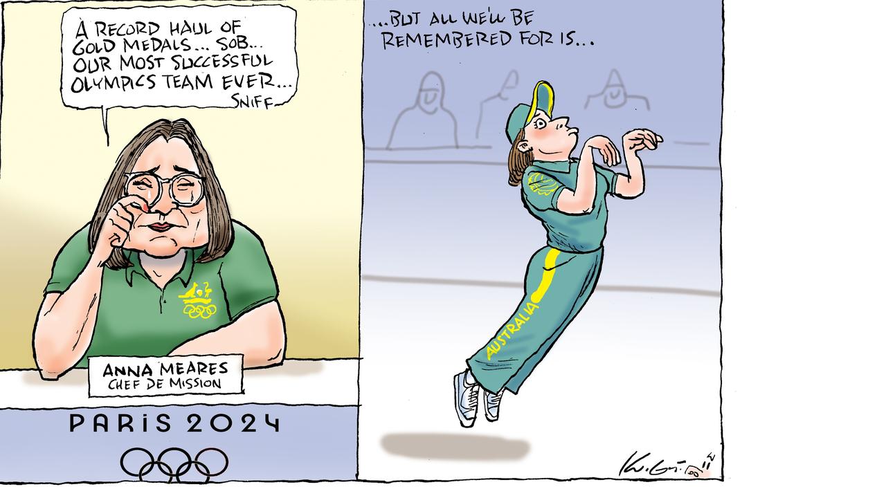 Mark Knight's Raygun depicts Australia’s Chef de Mission Anna Meares shedding a tear about Australia’s outstanding performance being sidelined by Raygun’s sprinkler and other moves in the breakdancing routine that has dominated global headlines ever since. Picture: Mark Knight