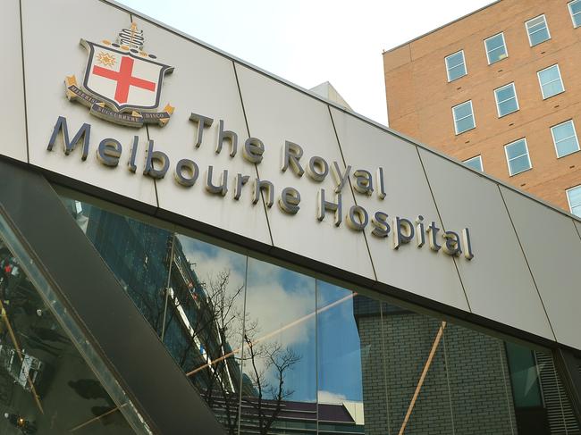 A police officer was shot this morning in Moonee Ponds and has been taken to the Royal Melbourne Hospital. The Royal Melbourne hospital sign. Entrance. exterior.