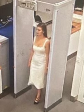 Ms Higgins was seen on CCTV wearing a white dress on the night she alleges she was raped in Parliament House. Picture: 7 News Spotlight