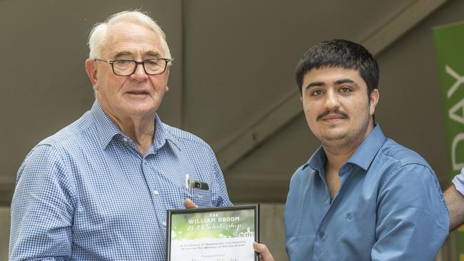 TRC Mayor Paul Antonio and scholarship recipient Farhan Kdudir. Australia Day celebrations at Picnic Point in Toowoomba. Thursday, January 26, 2023. Picture: Nev Madsen.