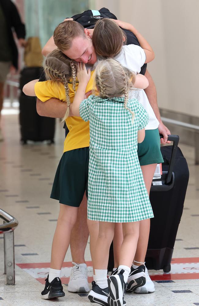 Manly captain Daly Cherry-Evans is greeted by his three daughters. Picture: Rohan Kelly