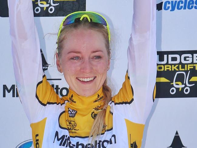 Gracie Elvin after winning the overall event for elite women during the criterium, stage 4 of the 2016 Mitchelton Bay Cycling Classic on Monday, January 4, 2016, in Williamstown, Victoria, Australia. Picture: Hamish Blair