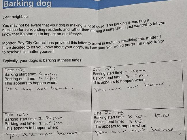 A council-provided letter a woman received over her barking dogs. Picture: Facebook