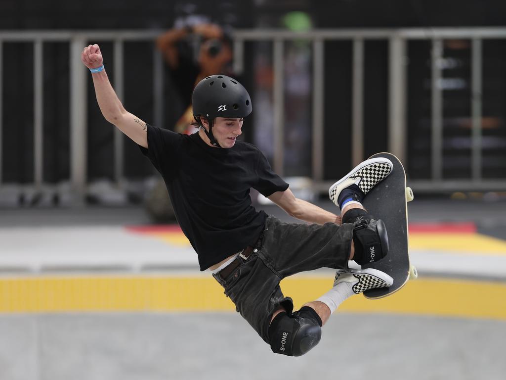 SHANGHAI, CHINA - MAY 19: : Tate Carew of the United States competes during the Skateboarding Men's Park Final on day four of the Olympic Qualifier Series Shanghai on May 19, 2024 in Shanghai, China. (Photo by Lintao Zhang/Getty Images)