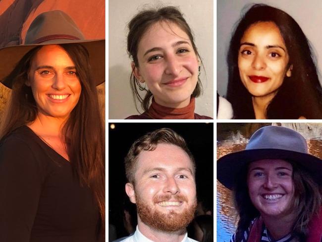 The five missing campers who have since been found safe ... clockwise, from left, Renae Walker, Gabrielle Freedman, Shagun Narula, Jessica Kolic and Haydn Dodds. Pictures: NTPFES