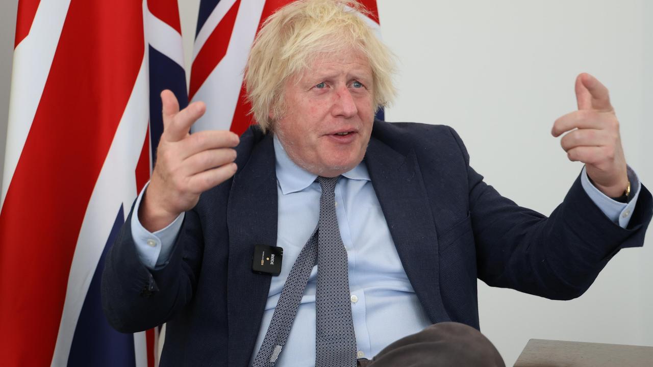 Former UK prime minister Boris Johnson speaking with News Corp Australia's Europe correspondent Sophie Elsworth at his London office in Westminster. Picture: Nigel Howard/Nigel Howard Media