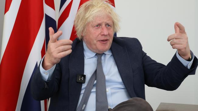 Former UK prime minister Boris Johnson speaking with News Corp Australia's Europe correspondent Sophie Elsworth at his London office in Westminster. Picture: Nigel Howard/Nigel Howard Media