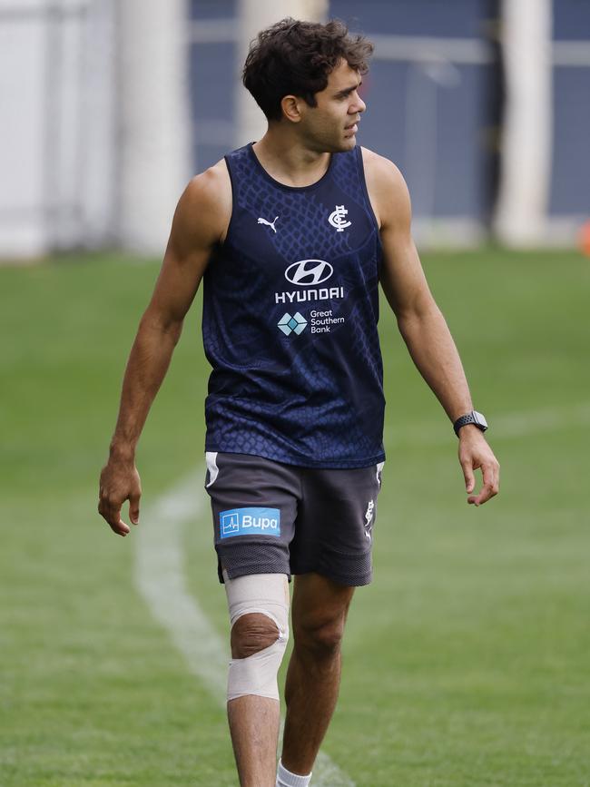 MELBOURNE, AUSTRALIA. February 16, 2024. AFL. Carlton training at Princes Park, Carlton. Jack Martin of the Blues walks laps during training today. Pic: Michael Klein